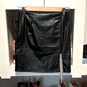 Rhinestone fringe black leather mini skirt